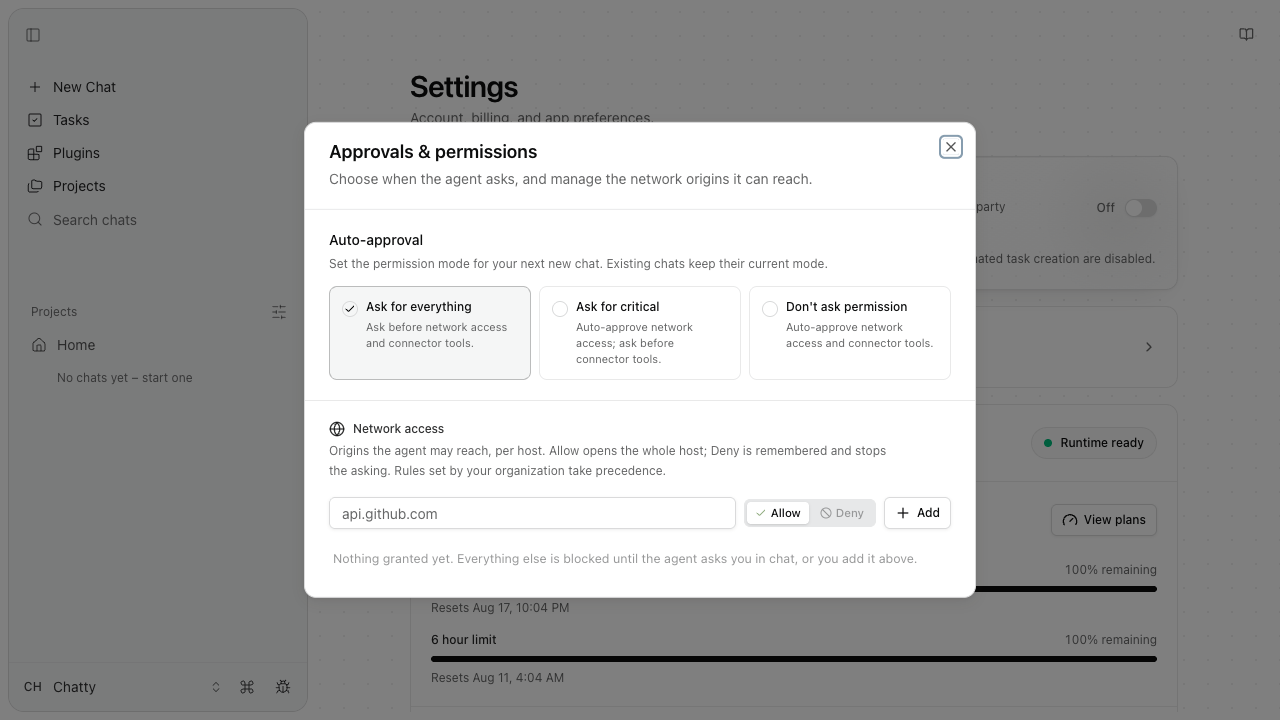Fluso Approvals and permissions dialog with three auto-approval modes and the network access rule editor.