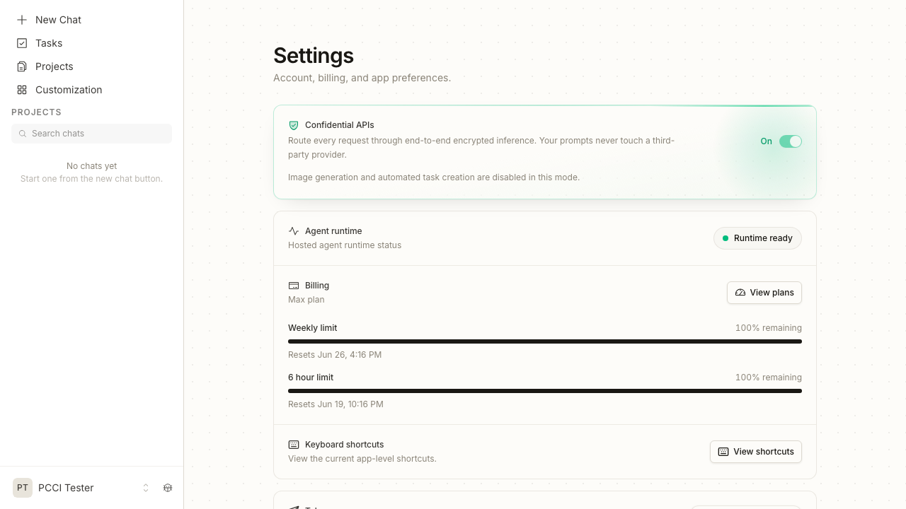 Confidential APIs panel in the active state: green shield icon, On toggle, green background, and a note that image generation and automated task creation are disabled in this mode. Billing reads Max plan.