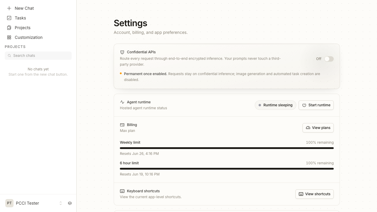 Confidential APIs panel on the Max plan: the toggle is enabled and a note reads 'Permanent once enabled. Requests stay on confidential inference; image generation and automated task creation are disabled.' Billing reads Max plan.