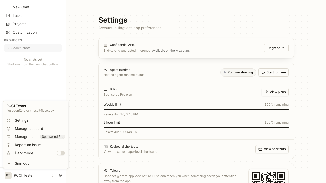 Fluso account menu opened from the bottom of the left sidebar, showing Settings, Manage account, and Manage plan with a Sponsored Pro badge.
