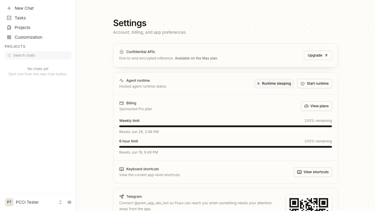 Fluso Settings page. The Confidential APIs row reads 'End-to-end encrypted inference. Available on the Max plan' with an Upgrade button. Billing reads Sponsored Pro plan.