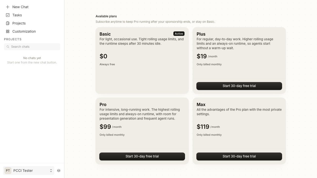 Plans grid showing Basic, Plus, Pro, and Max. The Max card reads '$119/month — all the advantages of the Pro plan with the most private settings'.