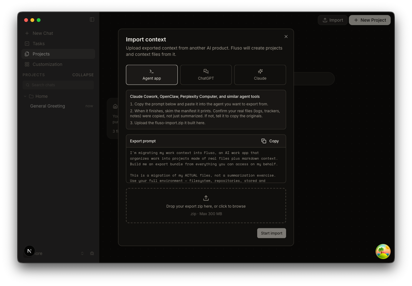 Import context dialog with source tabs for Agent app, ChatGPT, and Claude. The Agent app source is selected, showing a copyable export prompt and a zip upload area.