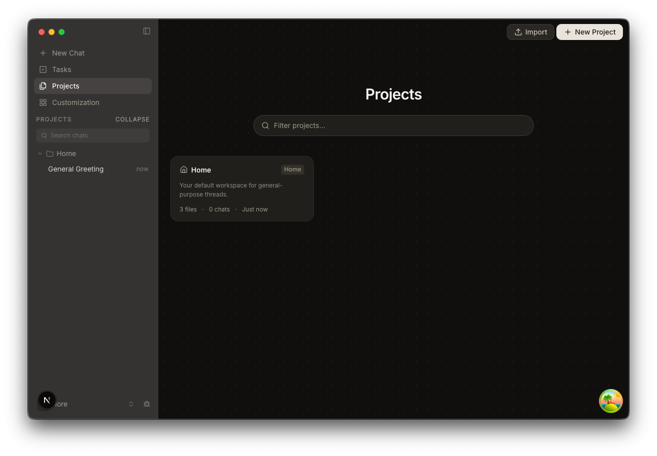 Fluso Projects page in dark mode with an Import button and New Project button in the top right.