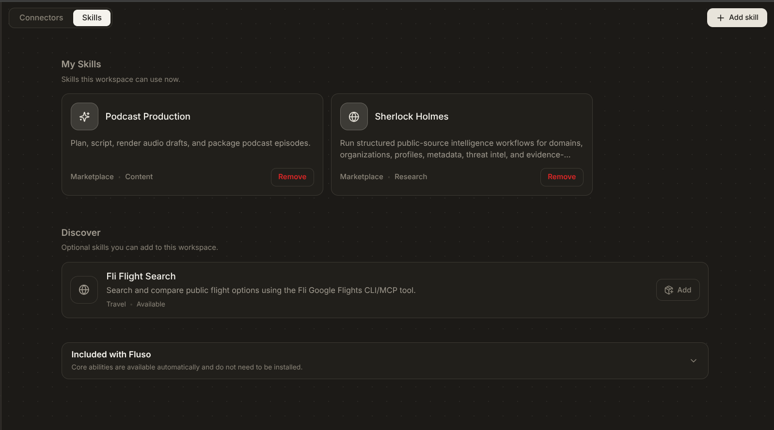 Fluso Skills page with three sections: My Skills (Podcast Production, Sherlock Holmes), Discover (Fli Flight Search), and Included with Fluso, with an Add skill button at the top right.
