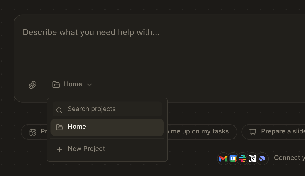 Chat composer with the folder picker dropdown opened: a Search projects field, the current Home project highlighted, and a + New Project option at the bottom.